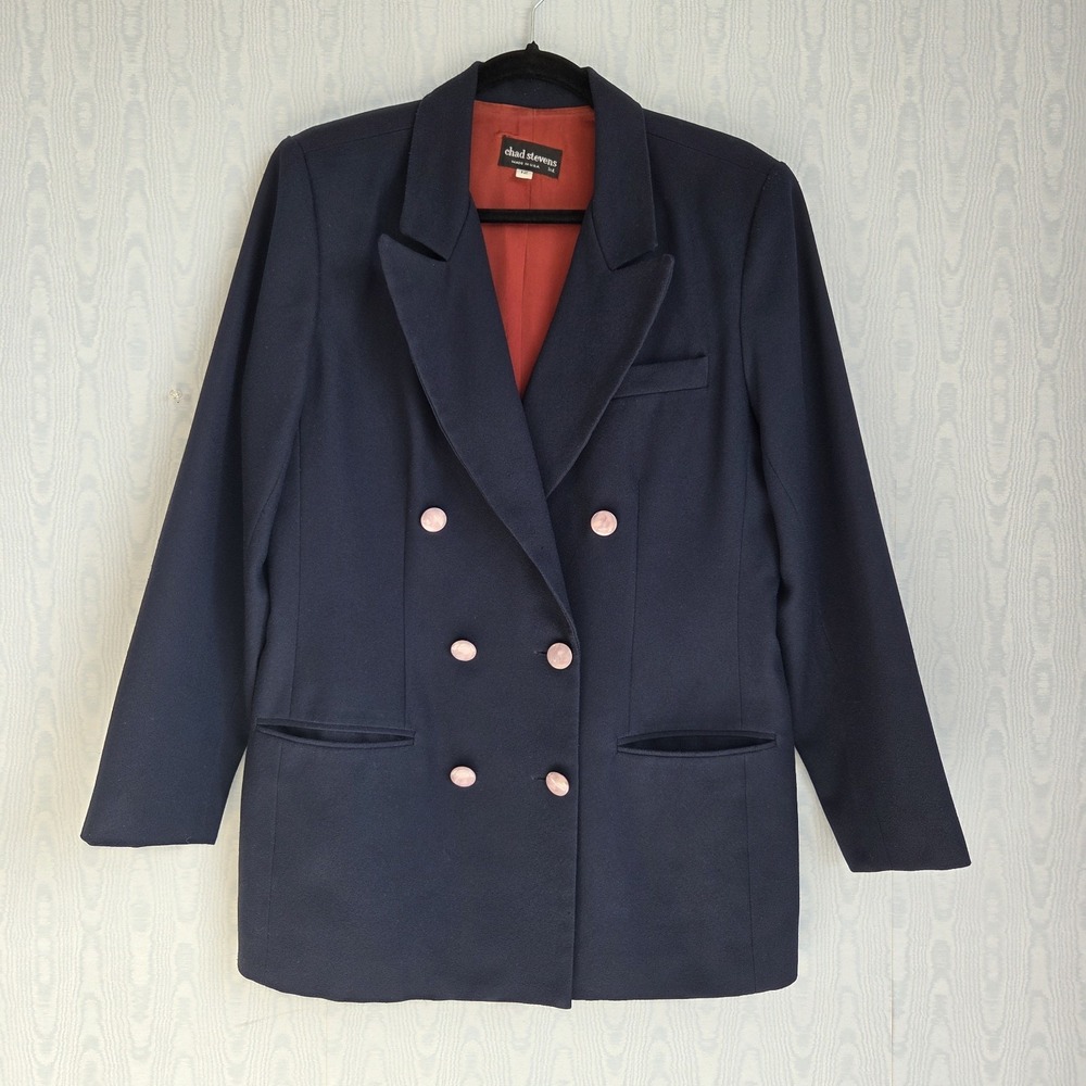 Vtg‎ Chad Stevens Womens Blazer 12 Double Breasted Navy Preppy Retro Academia
